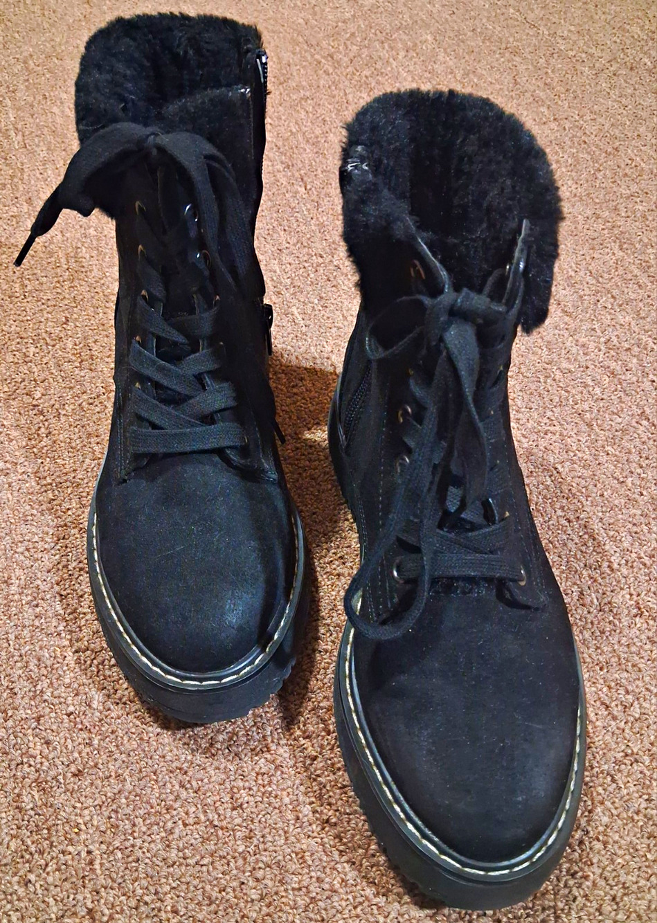 Madden Girl Kymber Black Faux Suede Fur Trim Combat Platform Boots Size 7